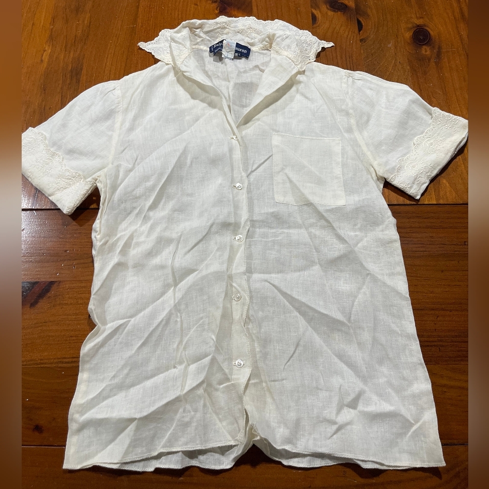 RALPH LAUREN Vintage Womens 100% Linen Embroidered Button Up Pocket Top Size‎ 4